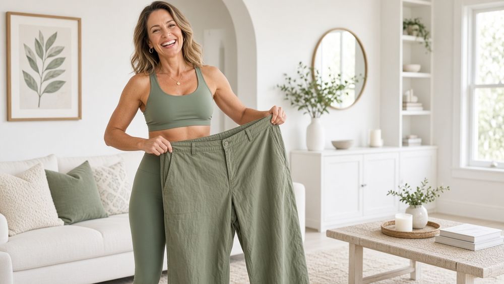 Smiling woman in a sage workout top holding up a pair of loose green trousers in a bright living room